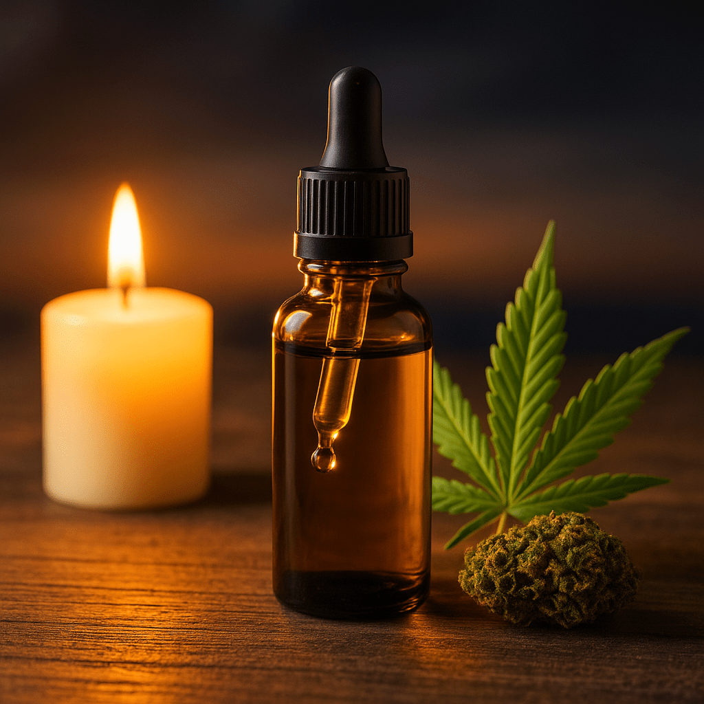 gotero de aceite CBD en escena de relajación nocturna