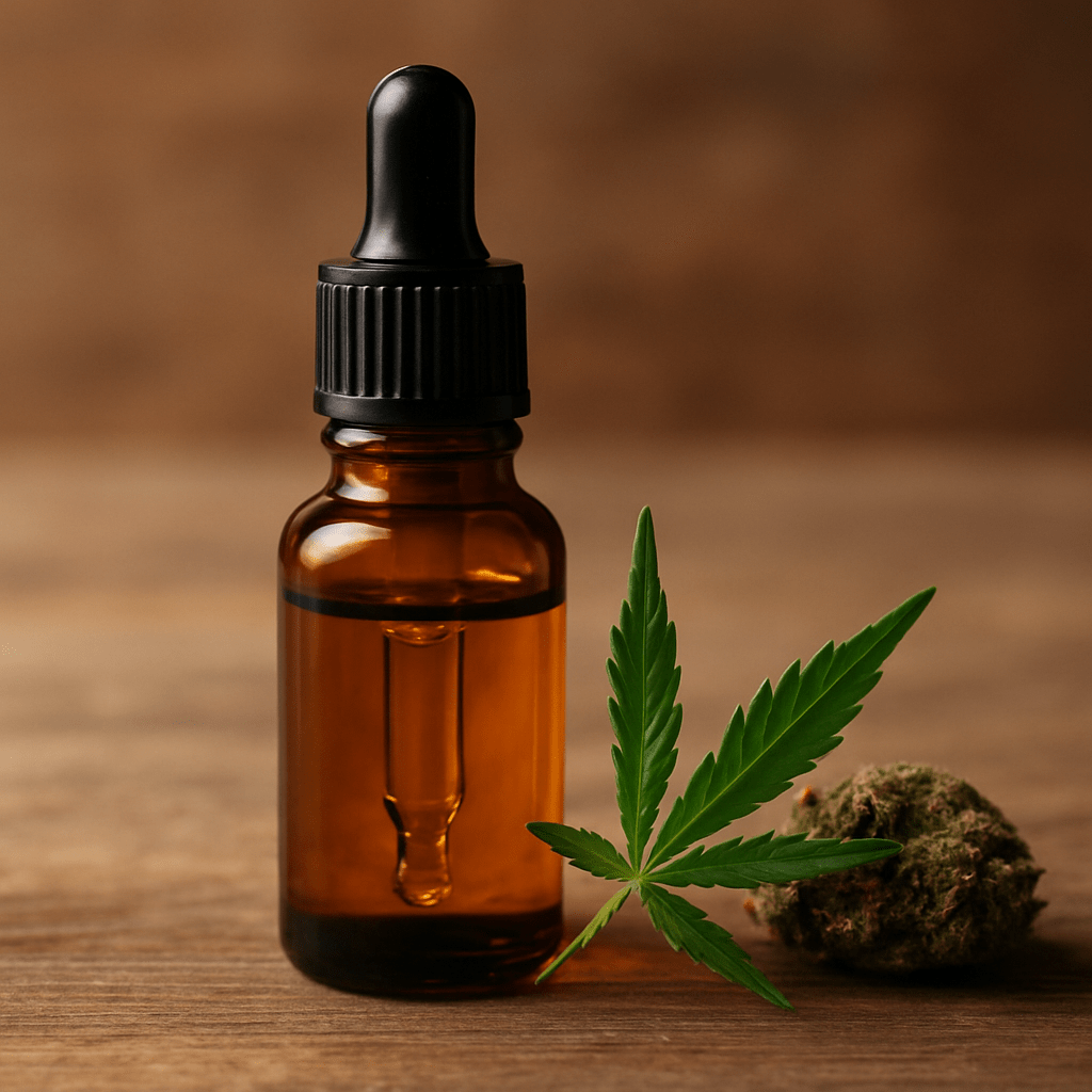 aceite de cannabidiol con gotero y flor de cáñamo