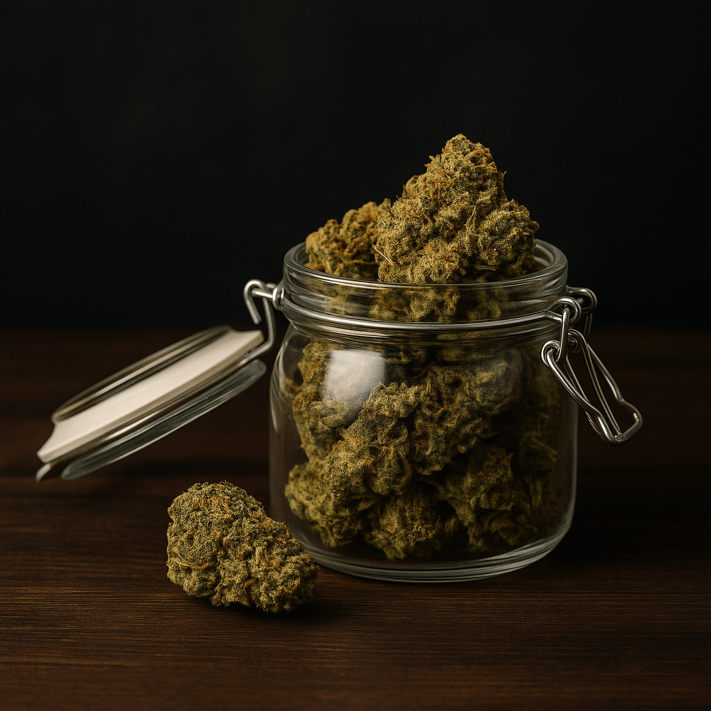 flores de CBD almacenadas en un frasco hermético