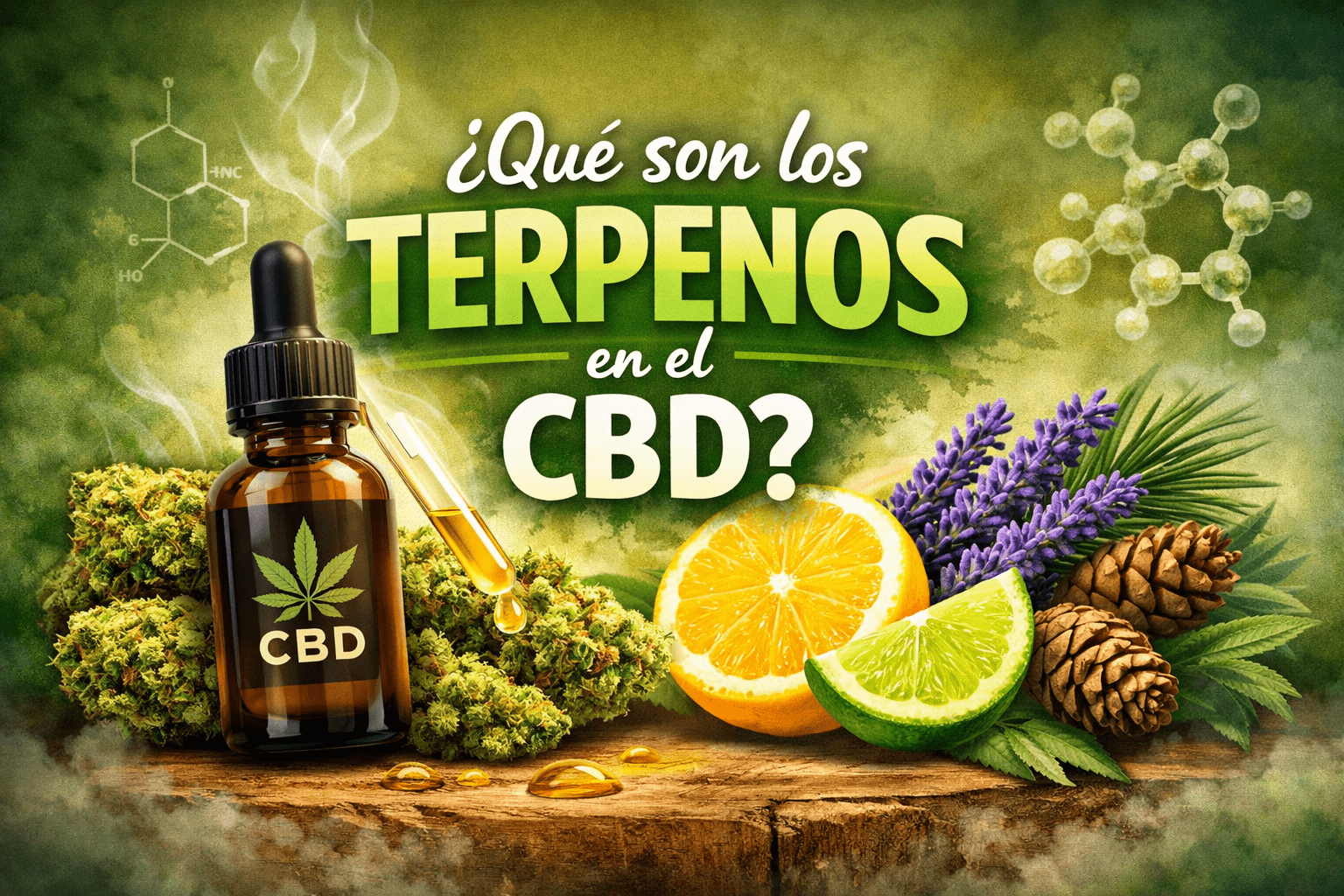 Ilustración sobre qué son los terpenos en el CBD, con frasco de aceite CBD, flores de cáñamo y elementos naturales como limón, lavanda y pino