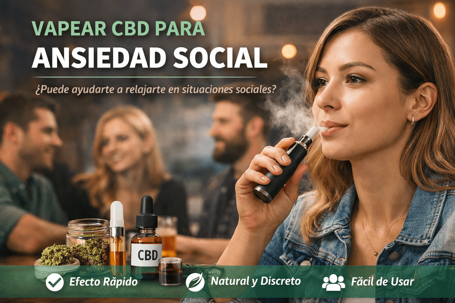 Persona vapeando CBD en un entorno social para reducir la ansiedad social de forma natural