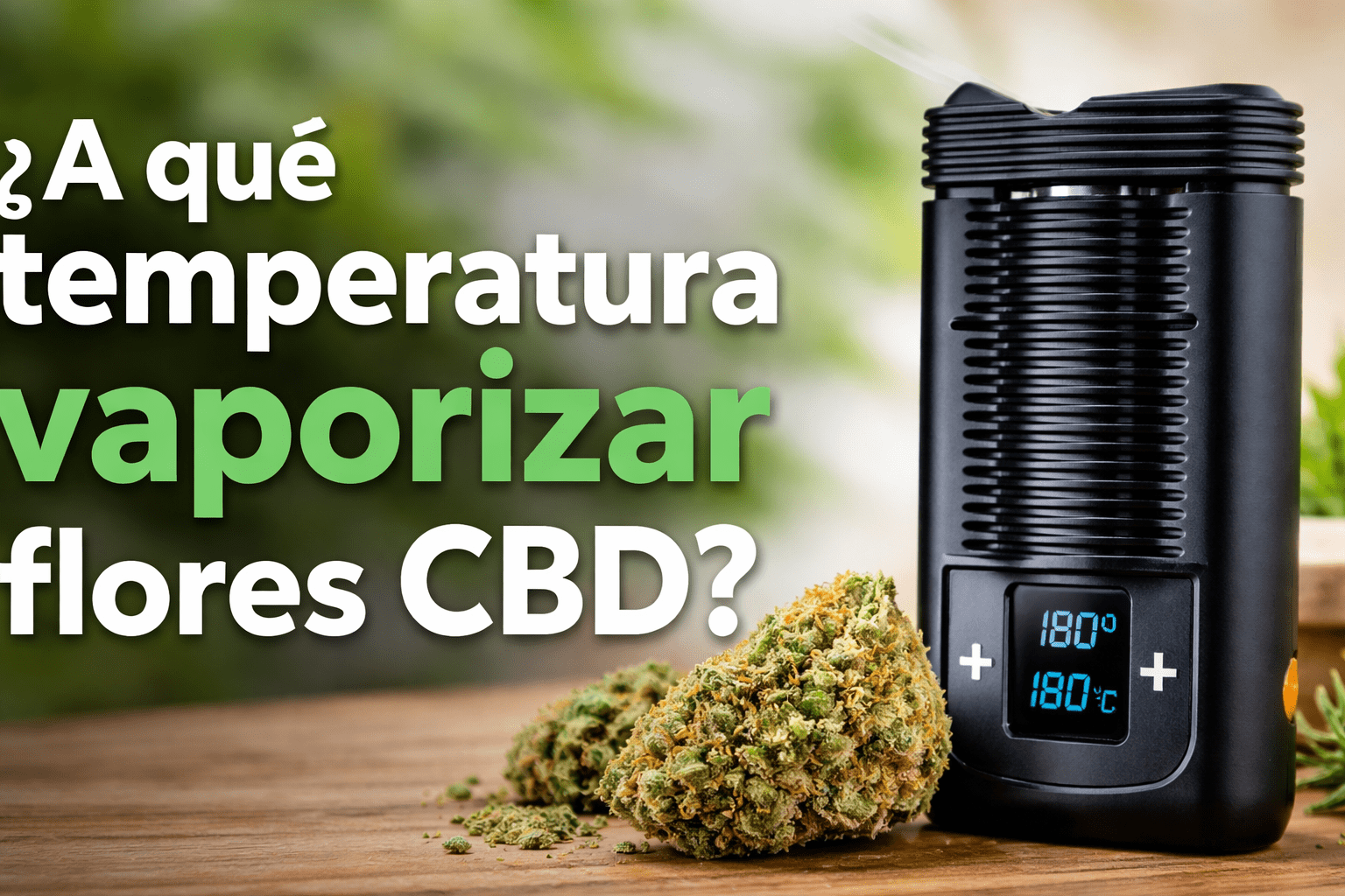 Temperatura ideal para vaporizar flores CBD mostrada en un vaporizador digital a 180°C junto a una flor de cannabis CBD.