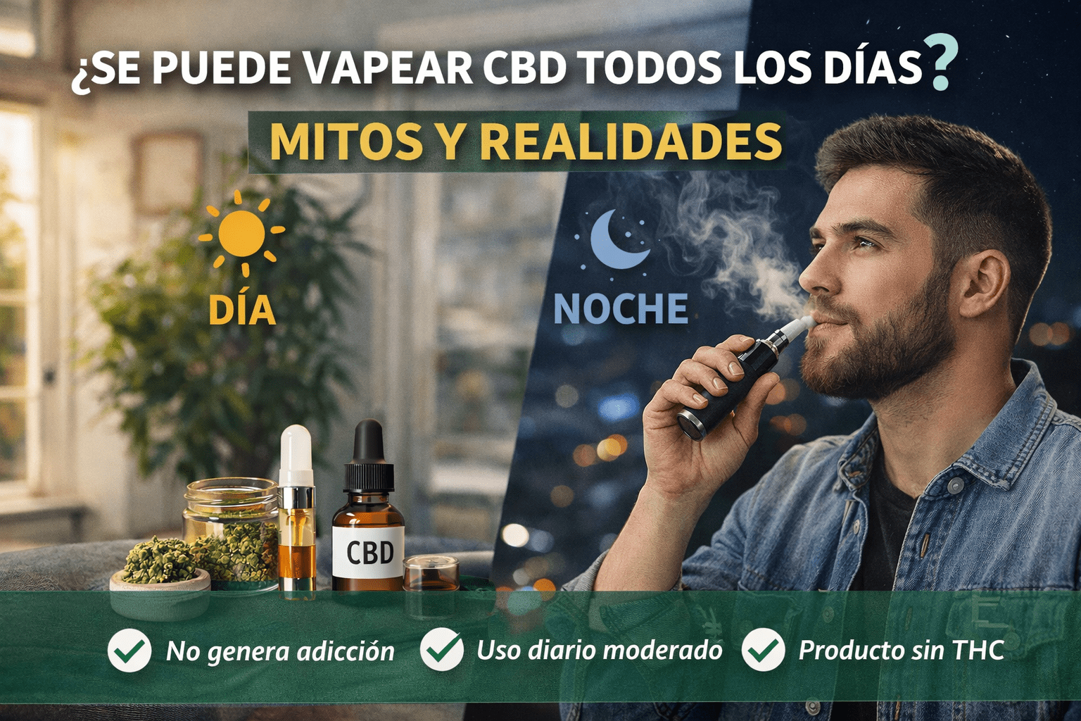 Persona vapeando CBD de día y de noche para ilustrar el uso diario del CBD en vaporizadores