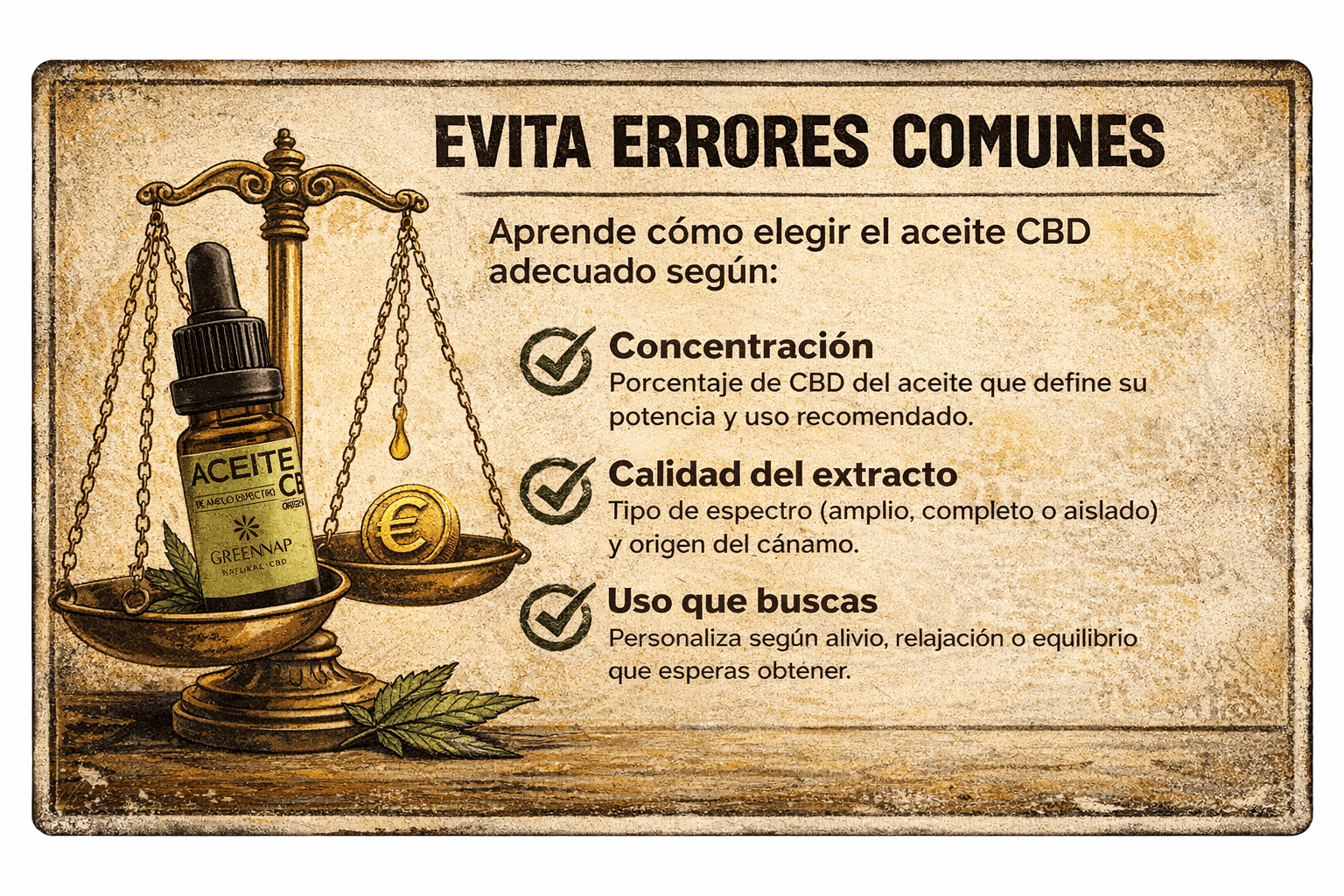 infografía cómo elegir aceite CBD según concentración calidad del extracto y uso recomendado