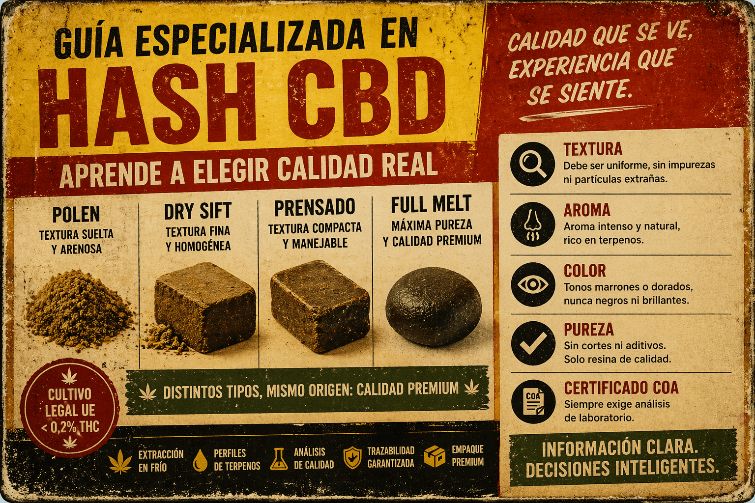 guia hash cbd tipos polen dry sift prensado full melt calidad resina cbd como elegir
