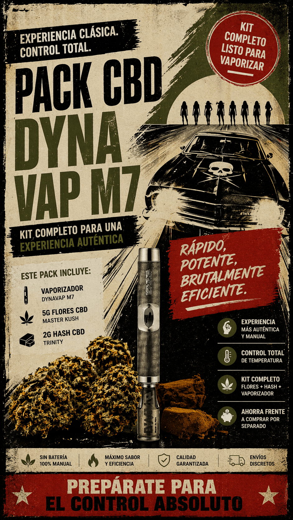 Pack CBD DynaVap M7 con flores CBD Master Kush y hash Trinity sobre fondo estilo vintage, kit completo para vaporizar sin batería.