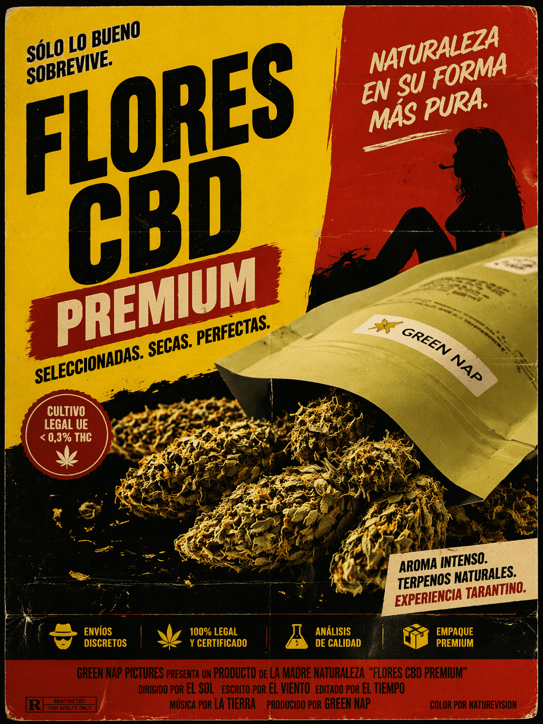 Flores CBD premium Green Nap en bolsa con vaporizador, imagen estilo vintage tipo póster publicitario para vaporizar sin combustión