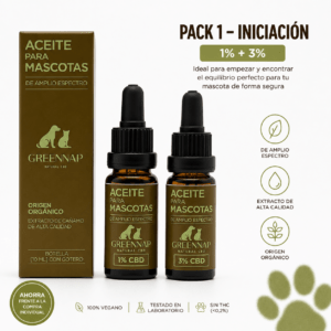 Pack CBD mascotas iniciación 1% y 3% Green Nap aceites para perros y gatos