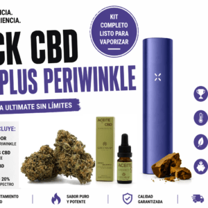 Pack CBD PAX Plus Periwinkle con flores Scarlet Haze, hash Honey Gold y aceite CBD 20%