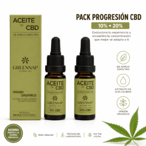 Pack inicio CBD Green Nap con aceites de CBD 5% y 10% de amplio espectro, ideal para empezar y encontrar la dosis adecuada