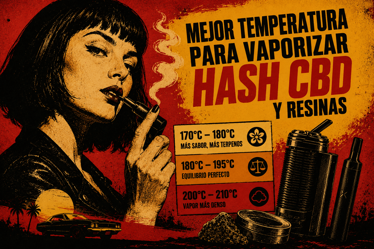 Escena cinematográfica estilo Tarantino con vaporizador, flores CBD y ambiente underground iluminado con neones rojos y humo denso.