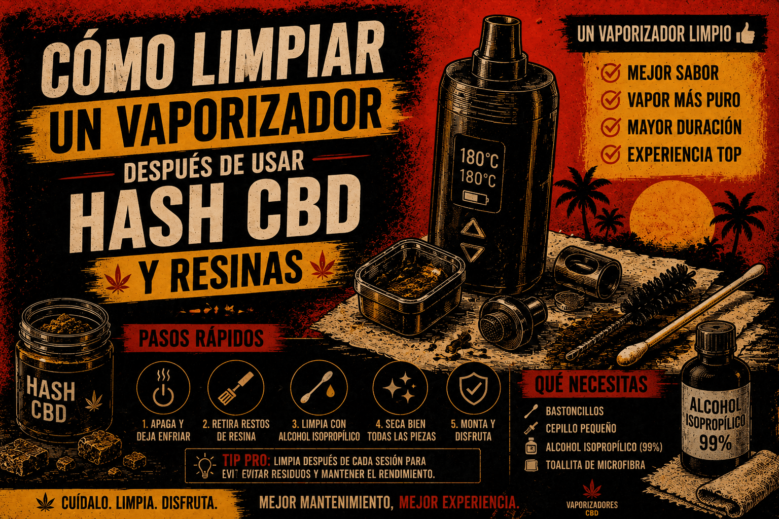 Infografía vintage sobre cómo limpiar un vaporizador tras usar hash CBD y resinas con alcohol isopropílico y accesorios de limpieza.