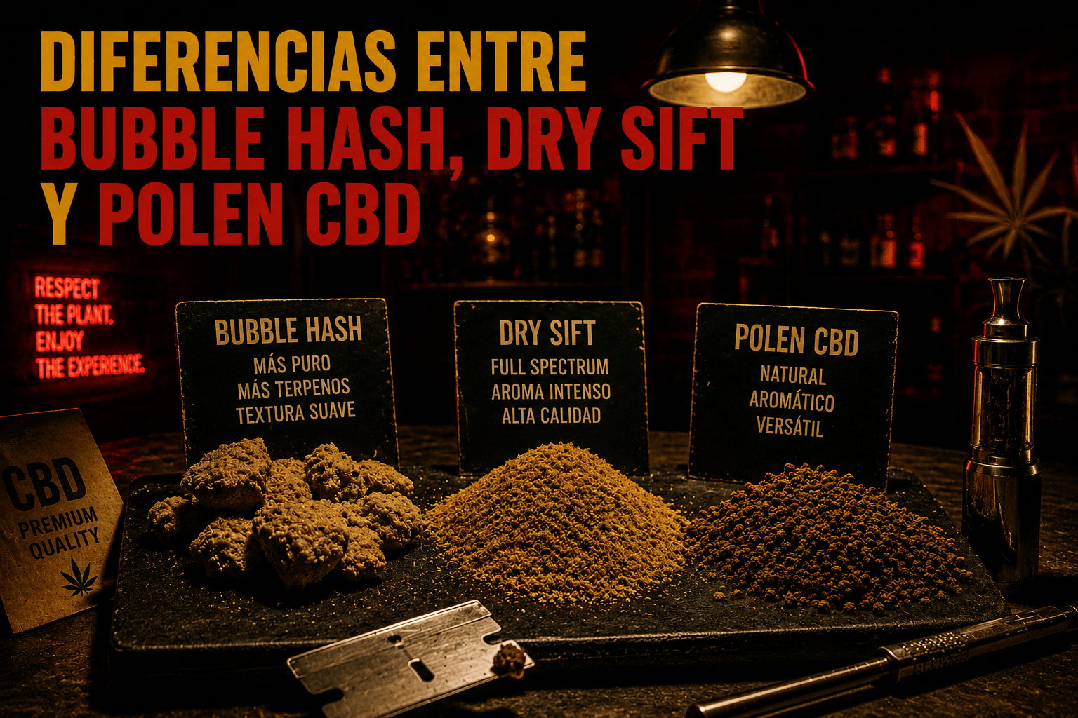 Comparativa visual entre Bubble Hash, Dry Sift y Polen CBD con diferentes texturas, aromas y niveles de pureza en un entorno estilo vintage.