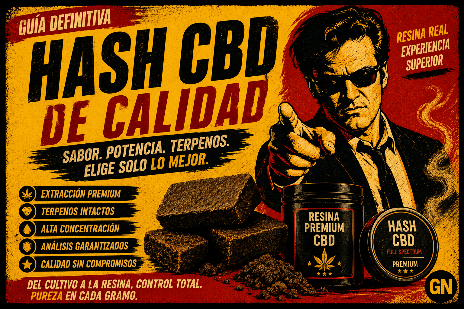 Ilustración estilo cine pulp y Tarantino sobre hash CBD premium y resinas CBD de calidad con estética retro cinematográfica