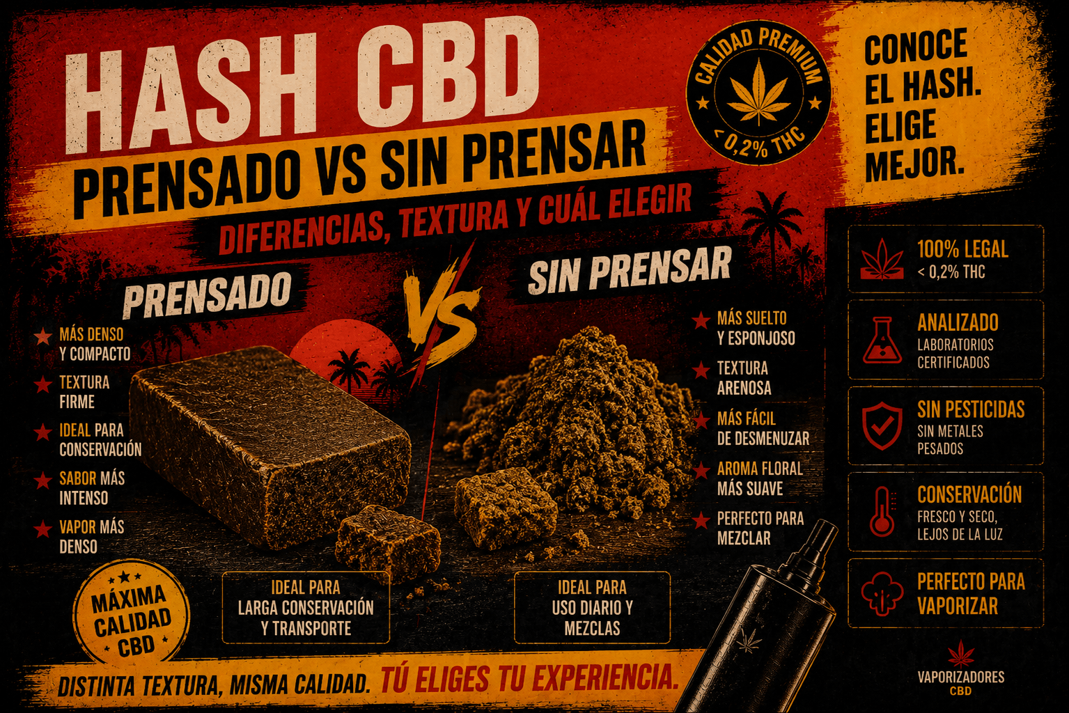 Comparativa entre hash CBD prensado y sin prensar para vaporizar con diferencias de textura, aroma y conservación
