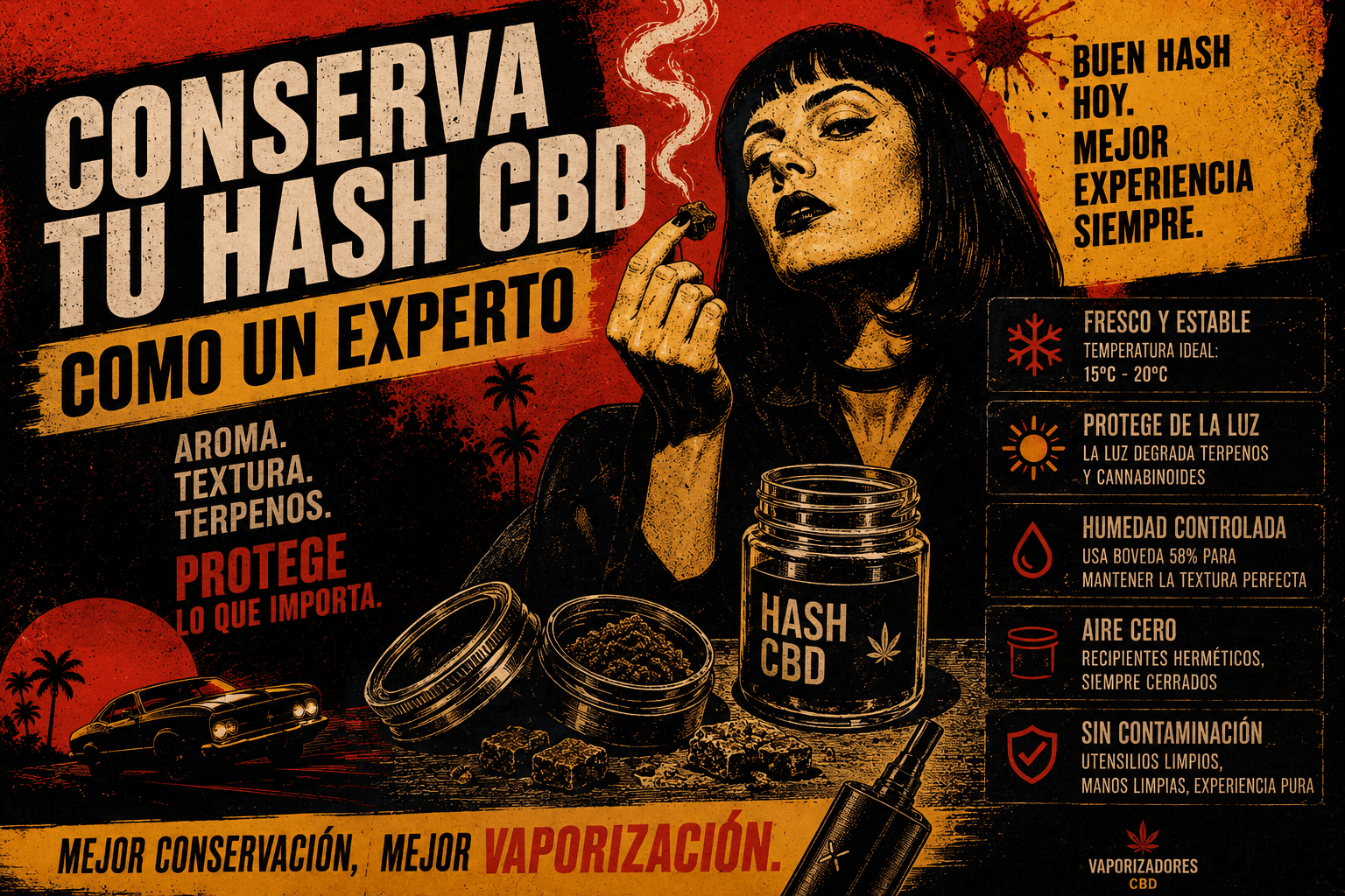Vaporizador portátil CBD con estética cinematográfica inspirada en Tarantino, iluminación cálida y ambiente retro noir