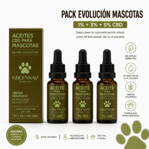 Pack Evolution Pets con aceites CBD para mascotas 1%, 3% y 5%, formulados para perros y gatos en formato de 10 ml