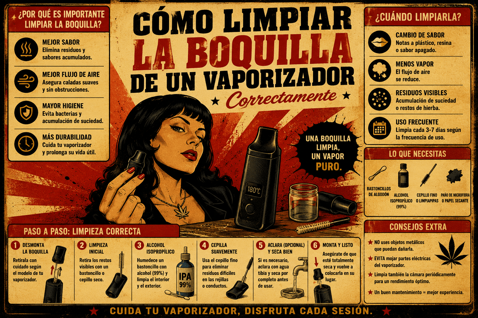 Ilustración retro estilo años 70 sobre cómo limpiar la boquilla de un vaporizador correctamente para mejorar el sabor, el flujo de aire y la producción de vapor