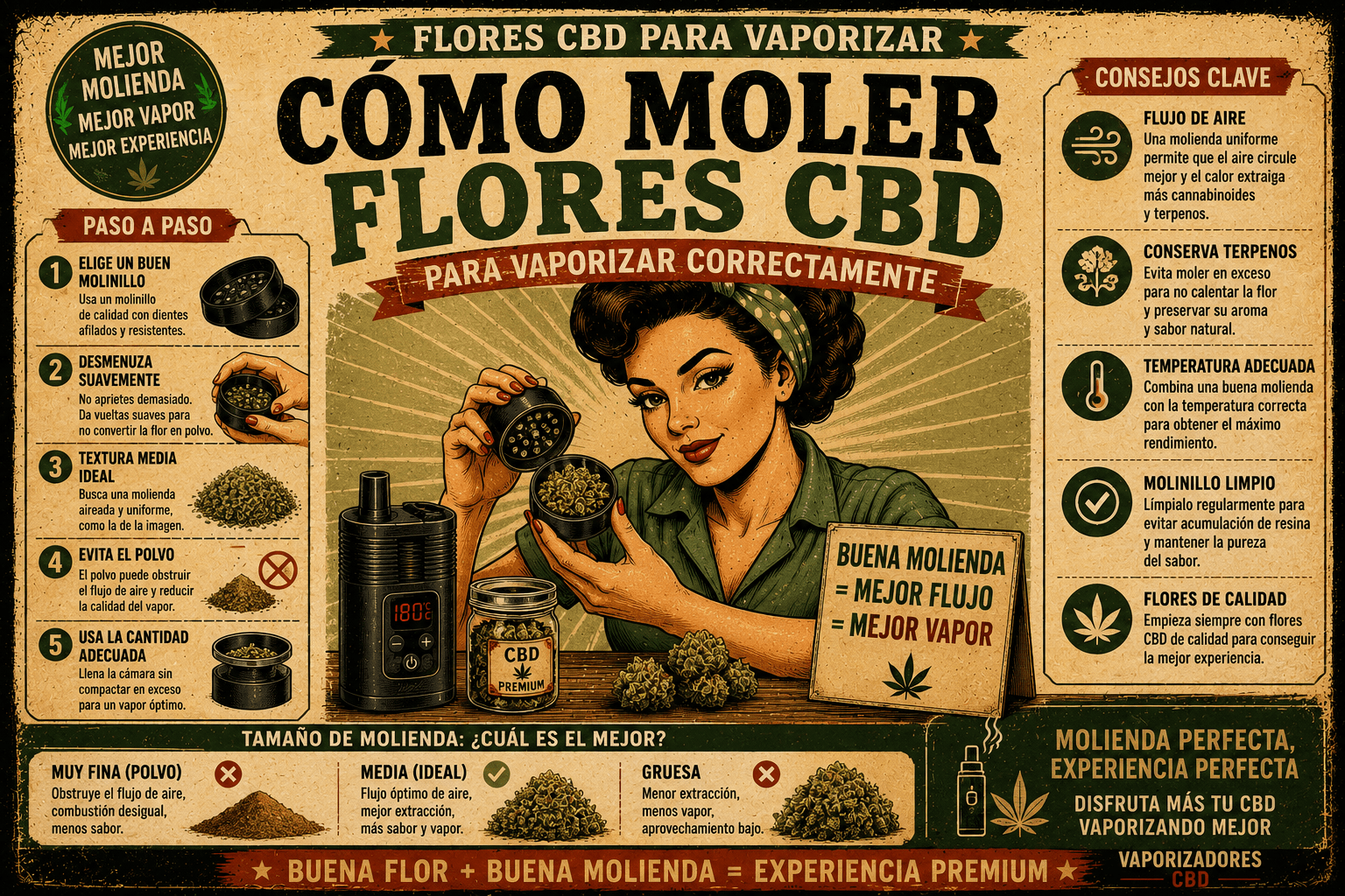 Cómo moler flores CBD para vaporizar correctamente usando una molienda media para mejorar el vapor, el sabor y la extracción de terpenos