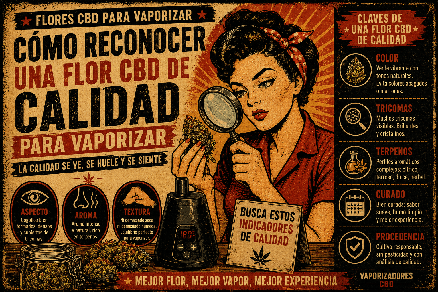Cómo reconocer una flor CBD de calidad para vaporizar observando aspecto, aroma, tricomas, textura y curado