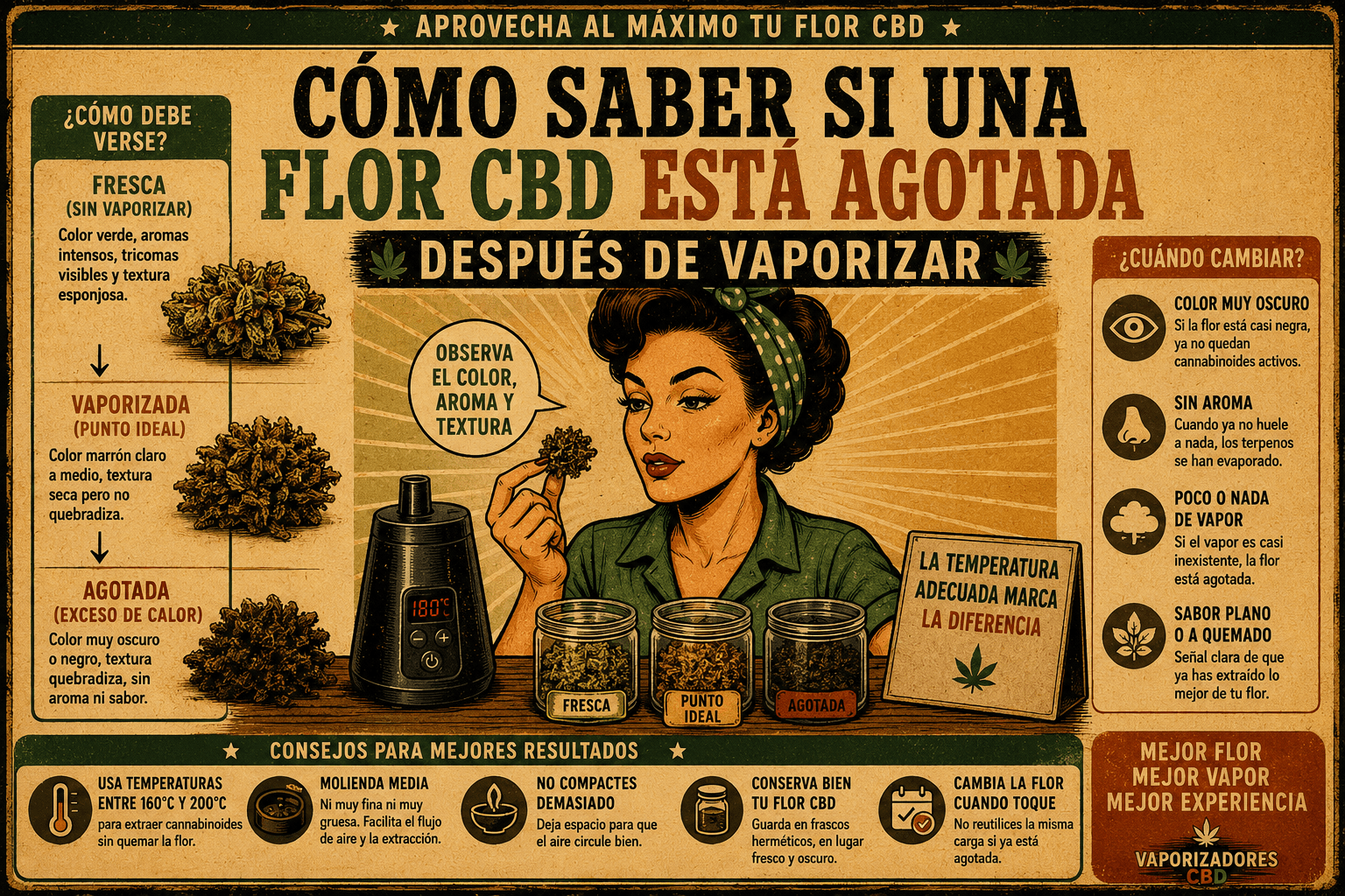 Cómo saber si una flor CBD está agotada después de vaporizar observando el color, el aroma, la textura y la producción de vapor