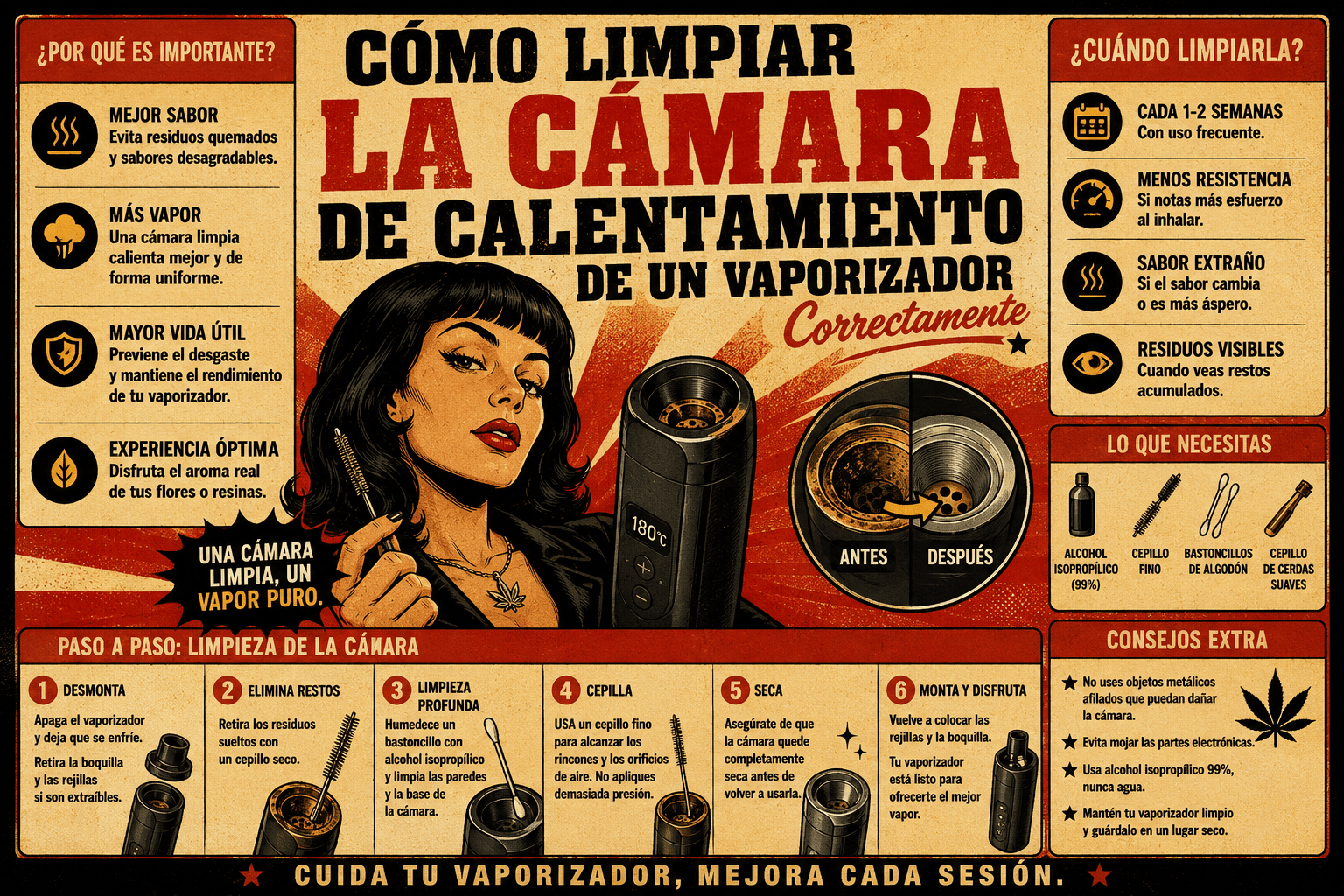 Ilustración retro estilo años 70 sobre cómo limpiar la cámara de calentamiento de un vaporizador correctamente para mejorar el sabor, el flujo de aire y la producción de vapor.