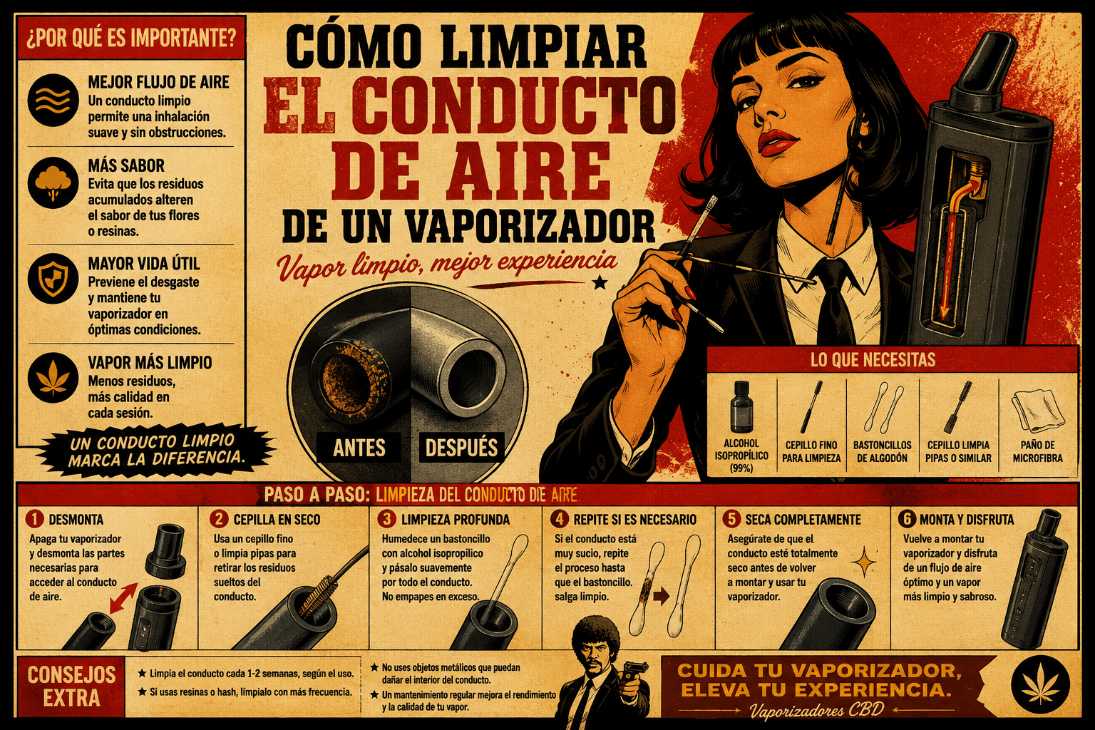 Ilustración retro estilo años 70 sobre cómo limpiar el conducto de aire de un vaporizador correctamente para mejorar el flujo de aire, el sabor y la producción de vapor